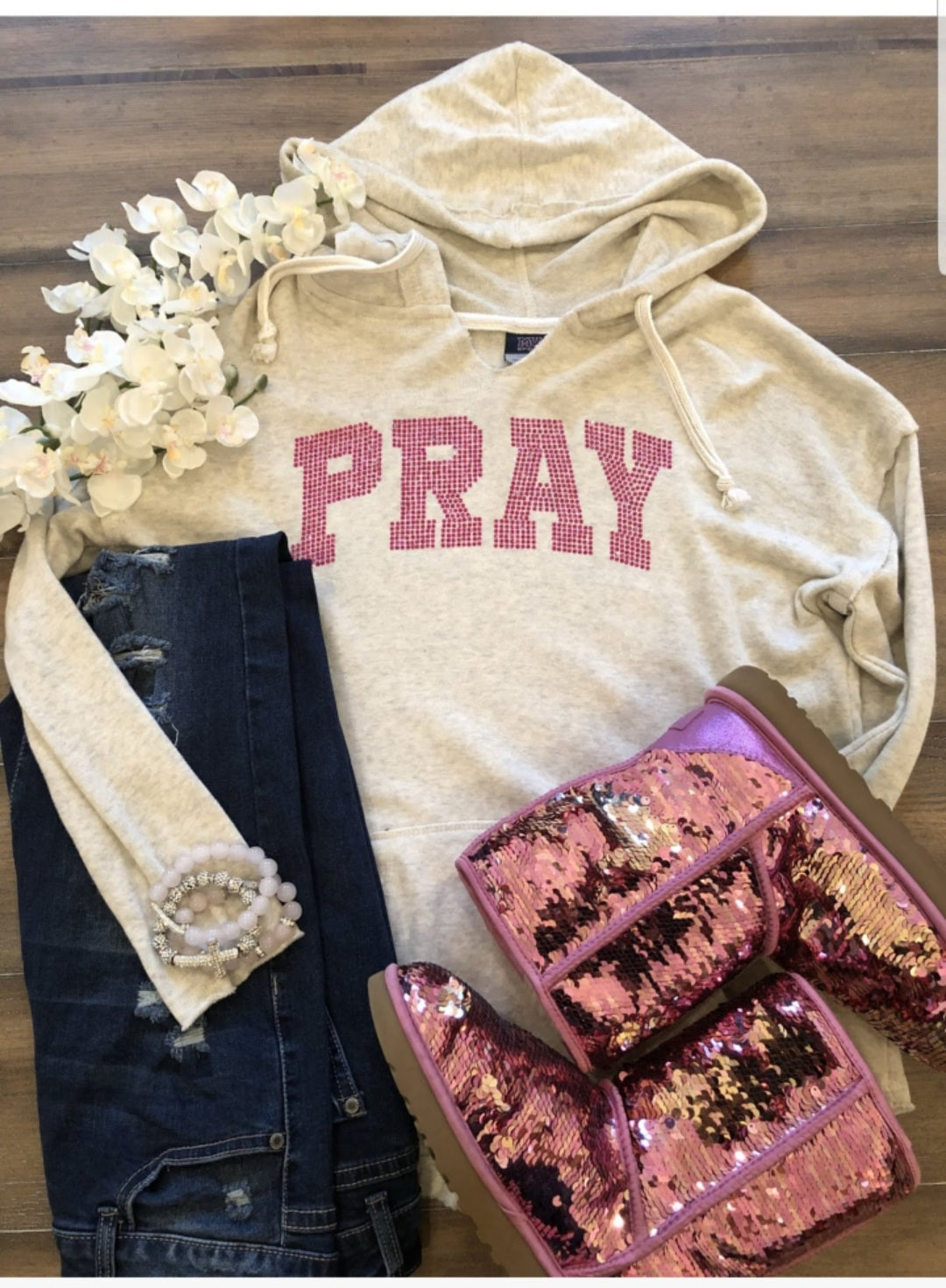 Oatmeal w/Pink Bling Pray Hoodie-Close Out/ it RTS
