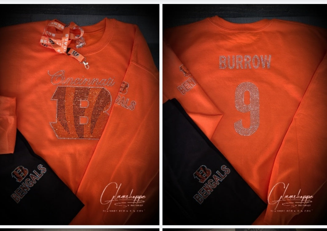 Bengals BURROW/CHASE/MIXON Bling Sweat Shirt (Orange)