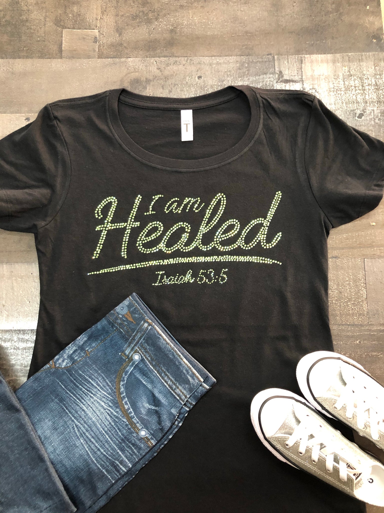 I Am Healed Bling Tee (Peridot Stone)