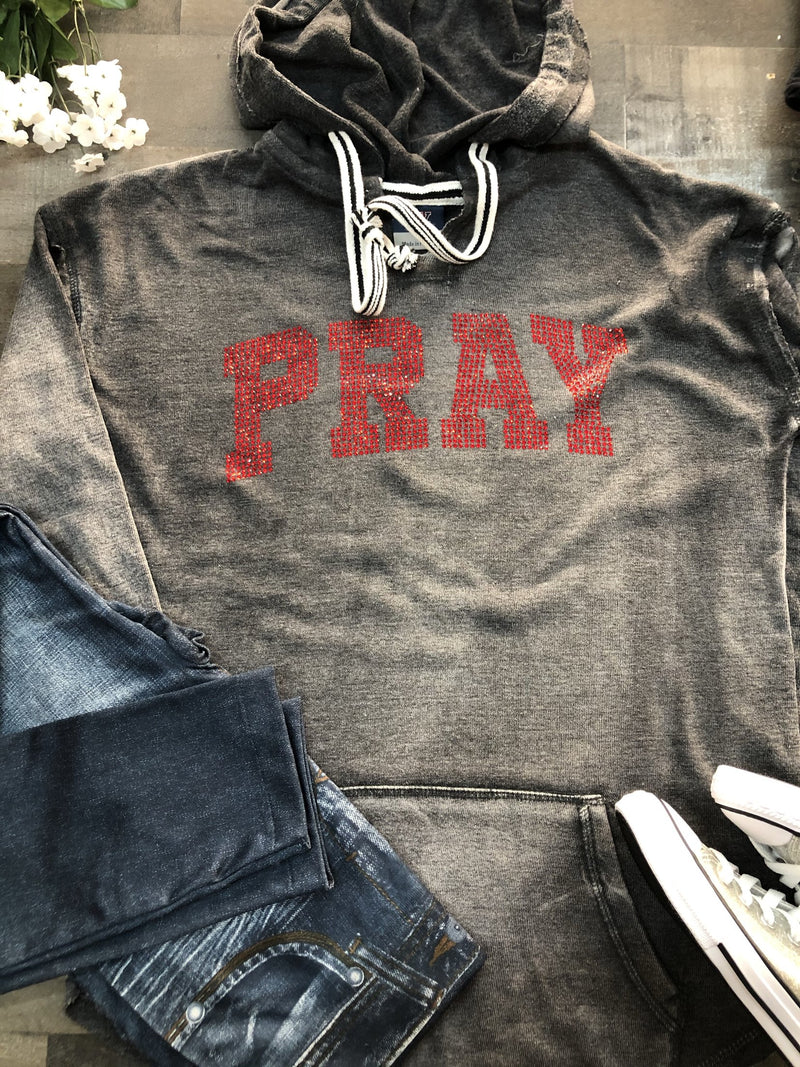 Small Grey PRAY Bling Hoodie-L/S- (RTS) Close Out