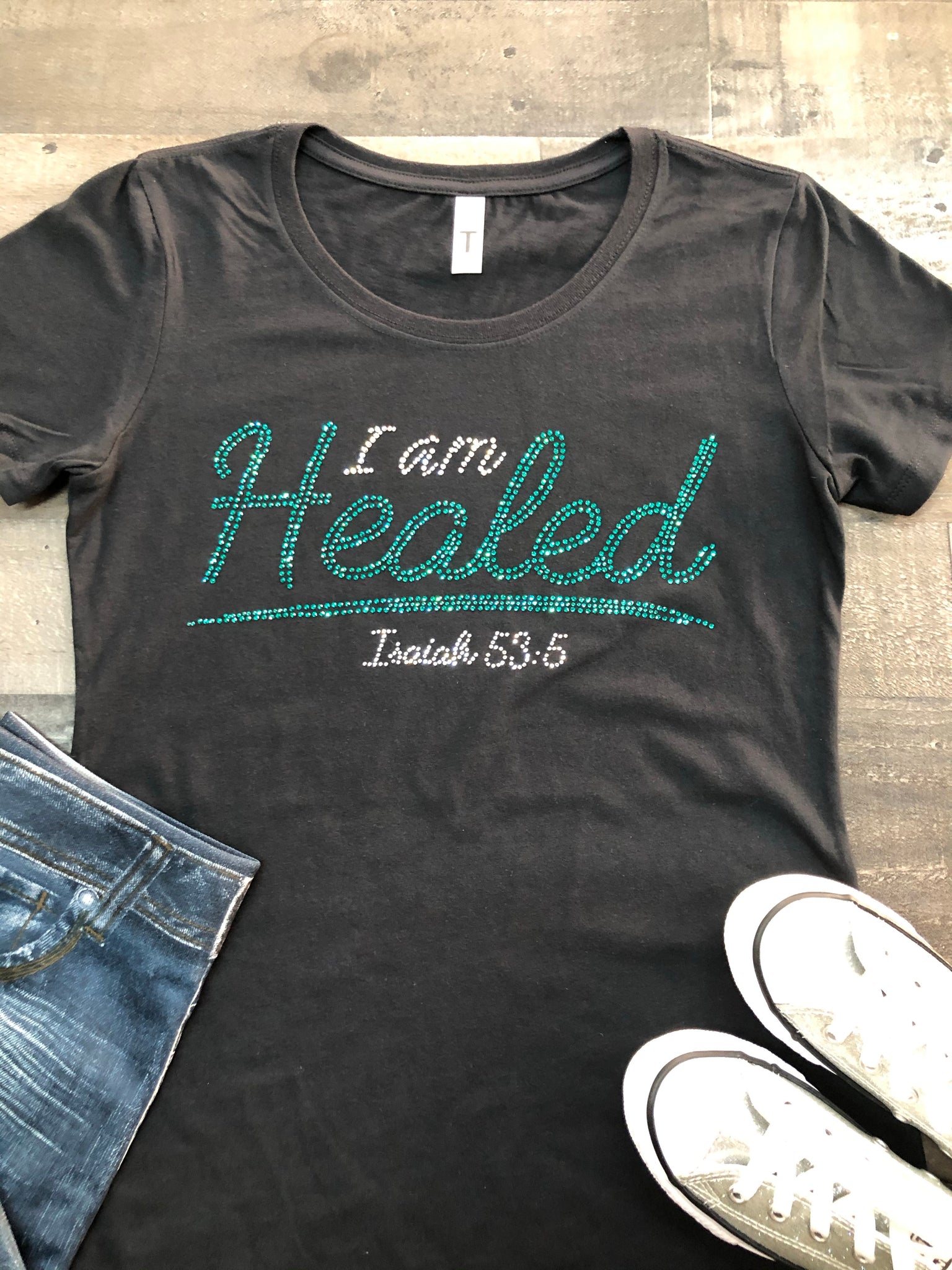 I Am Healed Bling Tee (Teal Clear Stone)