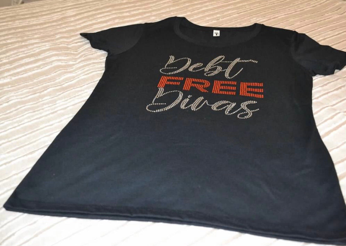 Debt Free Diva Bling Tee (blk w/ orange & clear rhinestones)